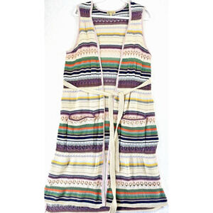 Democracy Sweater Vest Women’s L Belted Pockets Boho Striped Duster Boho
